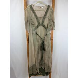 NWT Nataya Beige Green Embroidered Scalloped Cover Maxi Dress Size 3X